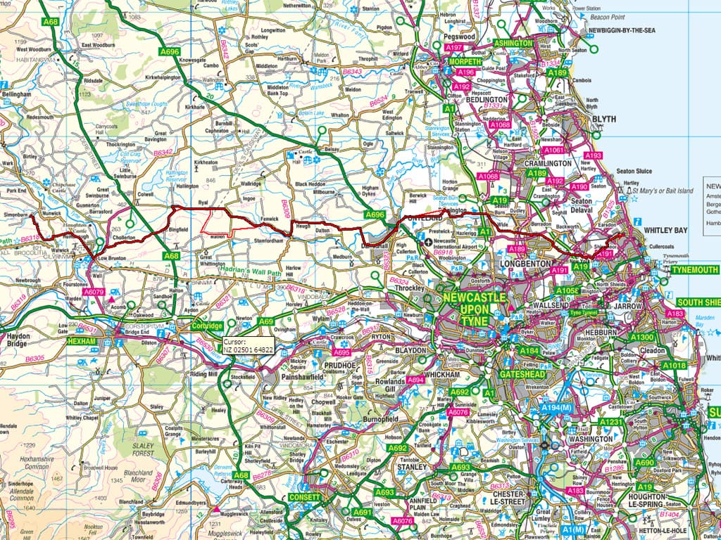 This is a big overview of the route we took, the route is the horizontal line in red.  Except for the very beginning, and the end at Bingfield where we turned off for Chollerford, we followed the Reivers' Cycle Route.