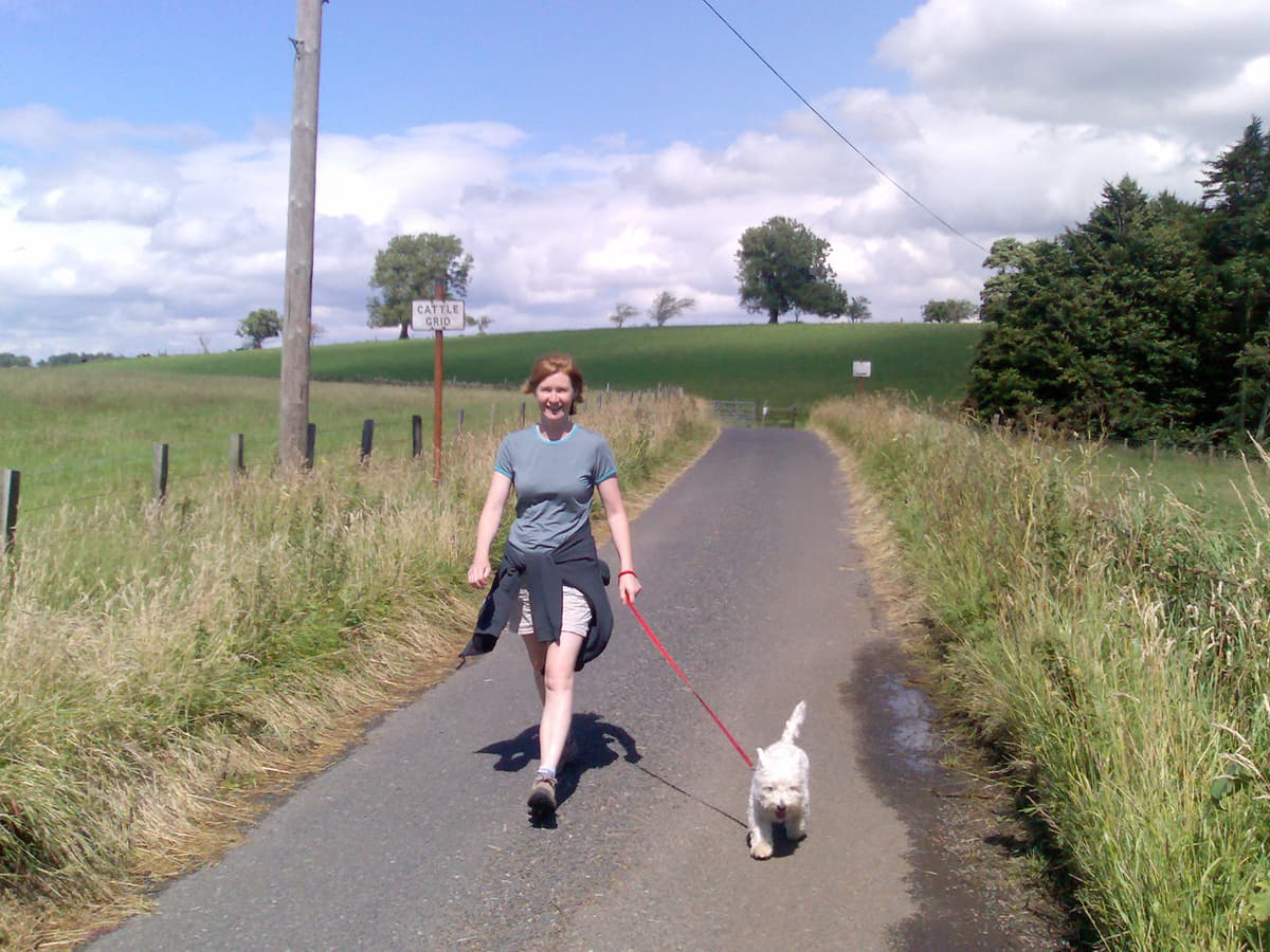 Well, we thought that walking probably uses different muscles to the cycling ones and so we lost no time in taking Dexter out for a walk.