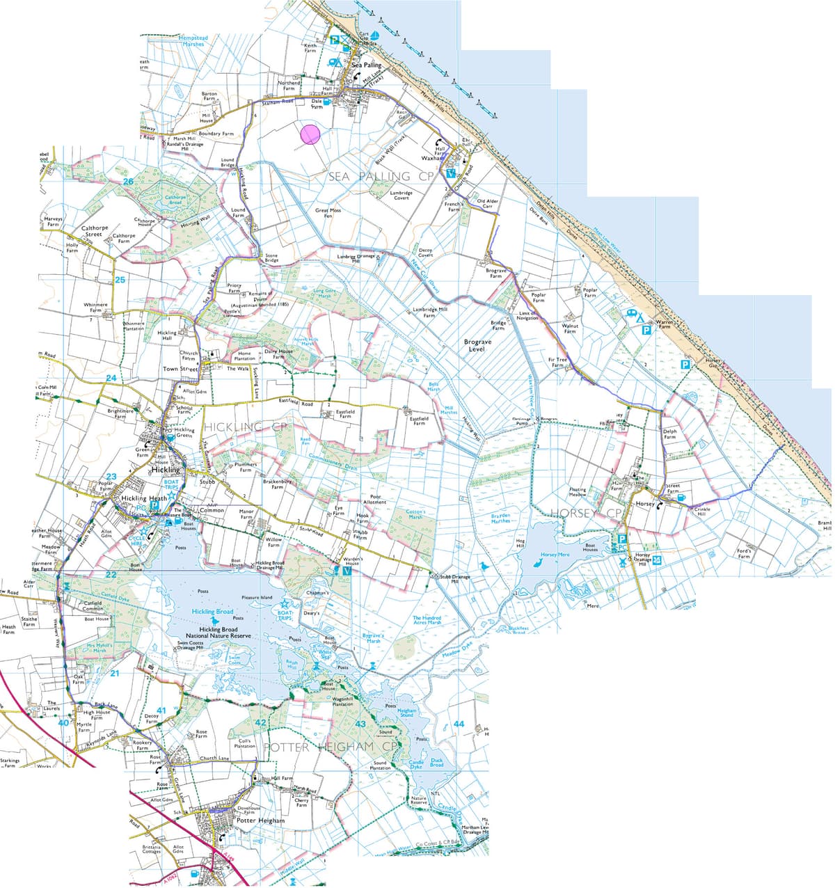 We parked in Potter Heigham and cycled up through Hickling to Sea Palling and then to Horsey and lunch at the Nelson's Head; and then back again.  The shaky blue line you see on the map is the route we took.