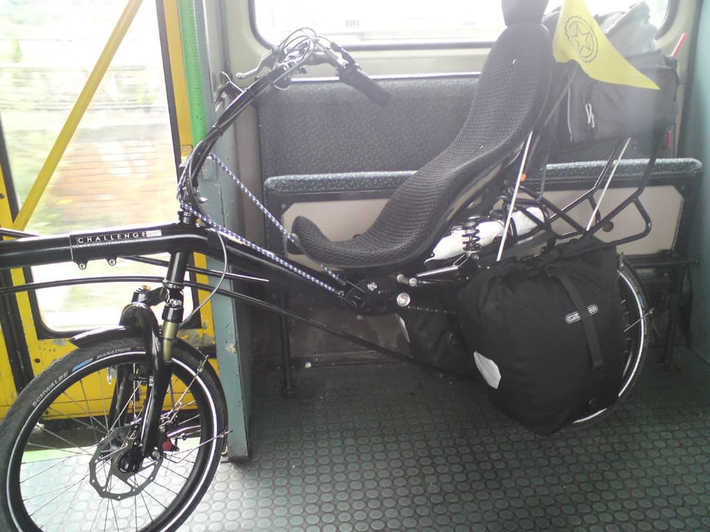 The first step was to get to the pickup point for Bike Express, which was in Stokesley just south of Middlesborough.  So, a bike ride into Newcastle and then a train to Middlesborough was the plan.  I guess I could have cycled all the way there but didn't, and, in fact, since it was absolutely tanking it down when I got to Middlesborough I waited and then took a train down to Great Ayton, only about 10km from Stokesley.rnThe picture, by the way, is the bike on the train to Middlesborough, just as I was passing over the Tyne.