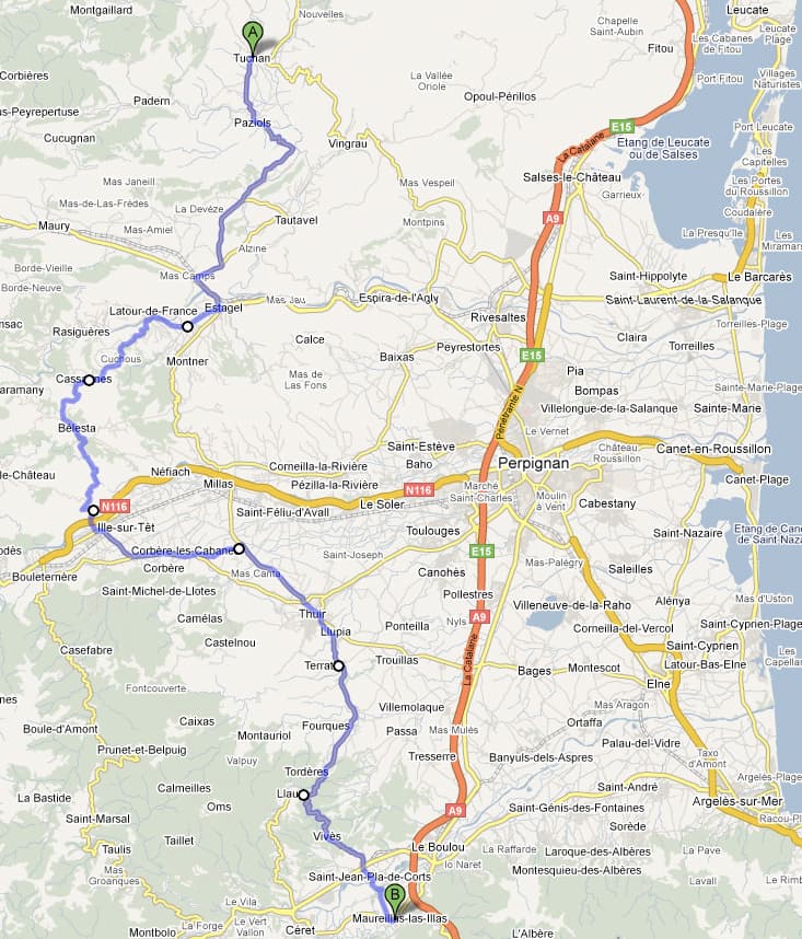 85km, avg 13.7km/hr, max 52km/hrrnComputer said 6:10hrs but I left at 6.30 and arrived at 4.30, about 10hrs and I didn't have that long a lunch!<p>But I thought it was further away and I thought it would take longer and take two more day's to get to Maureillas.  In the end, Thuir, where I thought I'd stay and where I had lunch had no campsite and no hotels either, so I had to press on.