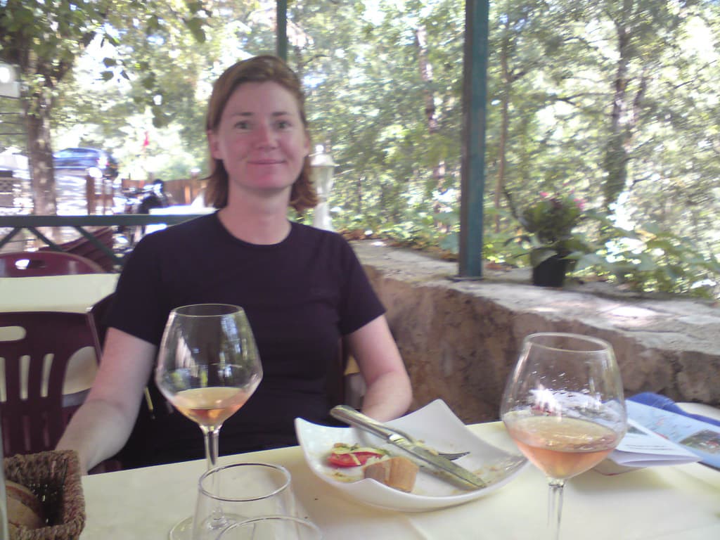 We didn't change, we didn't care, we had lunch in the nice restaurant that was part of the campsite, chambre d'hote, La Belle Epoque where we were staying.<p>The restaurant was raised by comparison to the ground on this side, since it was built on the side of a hill, consequently it was almost like being in a tree-house.