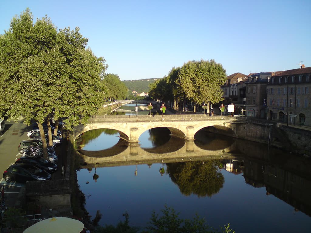 Looking out of our bedroom window at the hotel this was the view down the river.  Just over that bridge was the town centre.