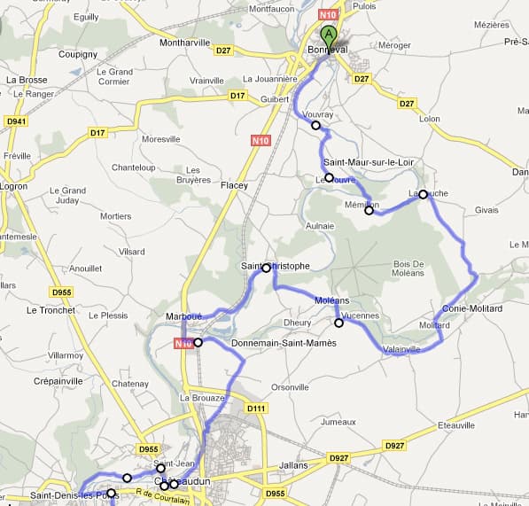 <p>The next day we drove down to the Loire, well actually the Loir &mdash;a much smaller river slightly to the north of the more well known one with an 'e'.  We were a little apprehensive as we drew closer because it seemed to be endless flat wheatfields, lashed by wind under a leaden sky.  But Bonneval itself turned out to be a very pretty place.  We went to the tourist office, met an interesting guy who offered to take us around on his bike.  Pippa was laughing in the background, pretending not to be with me, as I happily said anything that came into my head whether it was French or not.</p><p>The following morning this was the route we took on our bikes, leaving the car at the campsite.</p>