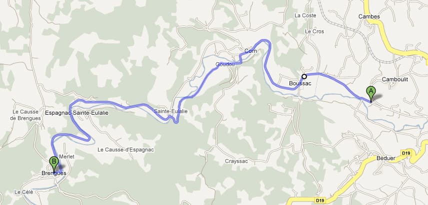 We left the car in what looked like quite a nice campsite in Camboulit: we were going to cycle very slowly and not very far down the C&eacute;l&eacute; valley camping as we went.  This map shows the general position of the route, click to see the route part in a bit more detail.
