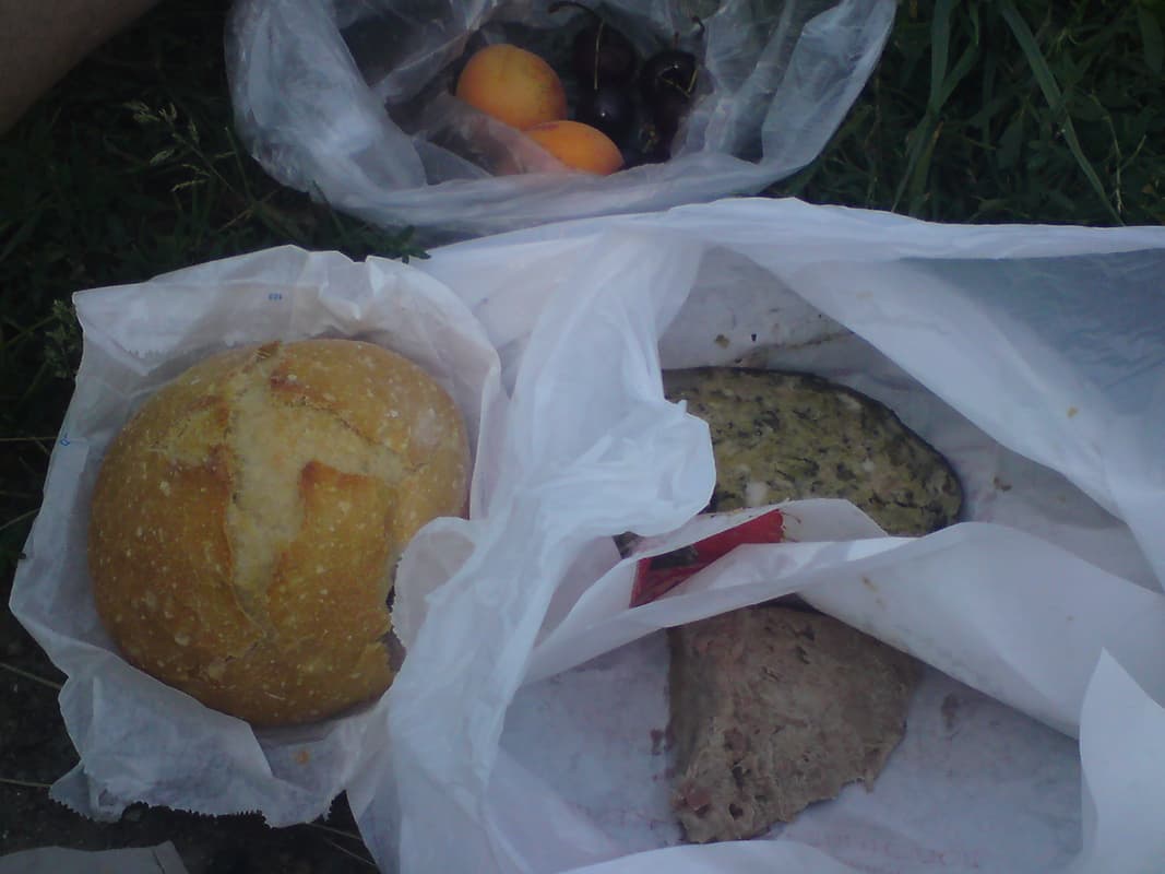 <p>This was my breakfast, second one that is.&nbsp; It was so tasty.&nbsp; Lovely bread from the bakery in Lussac, rillette and sarce, which turned out to be fantastic.&nbsp;
 With fresh apricots to finish.</p><p>I sat by the side of the road and scoffed.&nbsp; At one point I looked up and realised I'd stopped on what was the ugliest stretch of road I'd seen in ages.&nbsp; Opposite a field which had been a copse but in which they'd chopped down all the trees.&nbsp; The reason for choosing the place had been my rising hunger and a handy street sign up against which I could lean my bike.&nbsp; The aesthetics of the view just didn't enter into it.</p>