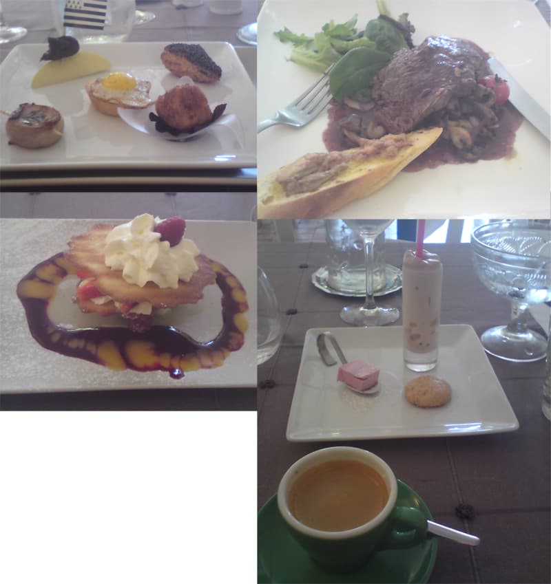 <p>This was the nicest food you can imagine.&nbsp; The restaurant was great.&nbsp; It's the Auberge de la Ch&acirc;tellenie and is also a hotel.&nbsp; Nice linen, nice crockery and lovely people.&nbsp; I was liquid, sweaty and stained and neither the waiter nor the other diners batted an eyelid.&nbsp; If you click on this photo I've made a collage of what I ate, since it deserved being photographed.&nbsp; It was:</p><p>a kir p&ecirc;che for an aperatif, this plate of 'plaise-bouche', tornedos rossini (filet mignon with mushrooms, crouton and foie gras), an amazing pudding with crispy biscuit, raspberries and cream with a mint sorbet heart, followed by a selection of almond things: a biscuit, a foam and a mousse.&nbsp; With a lovely ros&eacute; (paid for by the house). Followed by coffee.&nbsp; They even filled my water bottle with iced water, at their suggestion.&nbsp; Cost me 23&euro;, money well spent for the pleasure involved.</p>