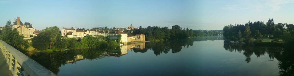 <p>I'd got up early and decided to walk into the village to the bakers.&nbsp; This was taken at just after 6.00am.&nbsp; Click on the picture to see a panorama.</p><p>Just as I was taking this photo Jackie, the woman I'd met the day before, came across the bridge with the same plan - going to the bakers.&nbsp; We strolled and chatted, something we'd end up doing quite a few times during the day.</p>