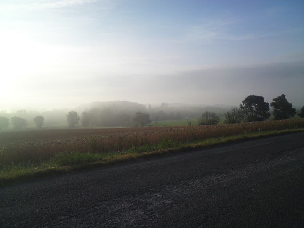 <p>It was an odd morning, the mist had gone and it was clear blue skies, and then, for about an hour, I was pedalling through misty hills again.&nbsp; It was so misty I had to constantly wipe my glasses else they too misted up.&nbsp; A miniature micro-climate.</p>