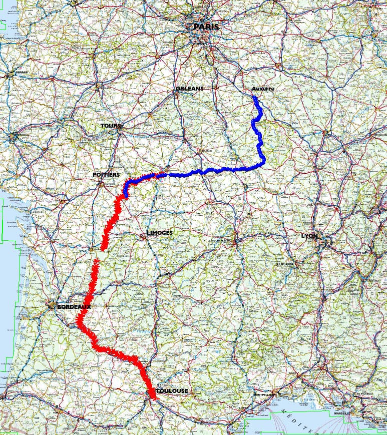 <p>This is the route as a whole.&nbsp; By the way part of it is blue and part red only because the blue part is a Memory Map route and the red part the actual track my GPS recorded - it should have recorded the entire thing but ran out of battery power and lost the first few day's of the track.</p><p>If you want to download the full set of detailed maps I've got them as pdf files here:</p><ol><li><a href="/images/27/1_Auxerre_to_Decize.pdf">Auxerre to Decize</a> (8.2MB)</li><li><a href="2_Decize_to_Montmorillon.pdf">Decize to Montmorillon</a> (12.8MB)</li><li><a href="3_Montmorillon_to_Availles_Limousine.pdf">Montmorillon to Availles Limousine</a> (2.7MB)</li><li><a href="4_Availles_towards_Angouleme.pdf">Availles towards Angouleme</a> (4.5MB)</li><li><a href="5_Angouleme_south.pdf">Angouleme south</a> (3.2MB)</li><li><a href="6_Montpol_to_La_Reole.pdf">Montpol to La Reole</a> (3.2MB)</li><li><a href="7_La_Reole_to_Agen.pdf">La Reole to Agen</a> (4.9MB)</li><li><a href="7bAgen2Moissac.pdf">Agen to Moissac</a> (3.5MB)</li><li><a href="8_Agen_to_Toulouse.pdf">Agen to Toulouse</a> (5MB)</li></ol><p>Sorry they're a bit large but they're 1:100,000 and detailed.&nbsp; Oh, and by the way on some the route/track is blue, on others red and on still others a sort of ochre colour, but hopefully you'll figure it out.&nbsp; There is also the occasional gap where the GPS turned off.</p><p>One final thing, the first part, from Auxerre to Decize isn't that accurate, I planned it using the roads but then followed the canal most of the way, but it's so well signposted if you were to follow it you'd have no problem; but it is longer since the canal meanders.</p>