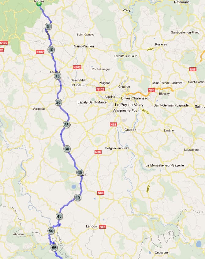 <p><strong>Monday&nbsp;</strong><strong>18th July. 100km, avg 14km/hr, max 55km/hr, 7hrs riding but 10hr journey.</strong></p><p>This is the route that Sylvain helped work out. &nbsp;I would mean that instead of going via Le Puy-en-Velay, le Monastier and Pradelles, which would be much further and with much more climbing, I would be taking a more direct line, with less ascent yet still quiet. &nbsp;I did mean I had about 10km from Coubladour to Bains on the D906 which was a bit busier but apart from that small section everything else was very quiet and scenic.</p><p>If you're interested in the route in more detail you can zoom in and change views using my <a href="http://tinyurl.com/allegre-langogne">mapmyride route</a>. &nbsp;Though I only map as far as Langogne, from there the route is the same as that mapped on page one (<a href="http://tinyurl.com/francehols2011">http://tinyurl.com/francehols2011</a>)</p>