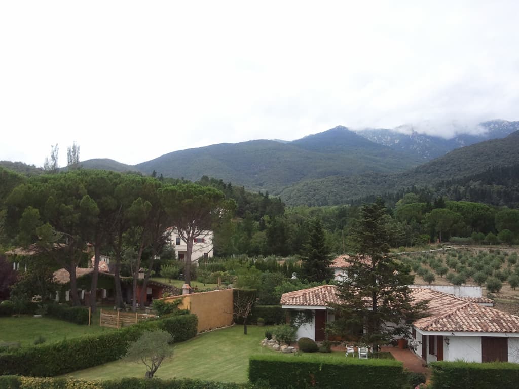 <p>This is the view to the left from my bedroom window, click to see a larger picture with the view to the right towards the pyrenees.</p><p>If you click to see the larger picture underneath the pine trees you'll see lived two entertaining dogs who were alway's up to something. &nbsp;There was a cat too who used to spend a lot of its day on the chicken wire roof of the aviary, reaching down to try to catch the pigeons who lived there.</p>