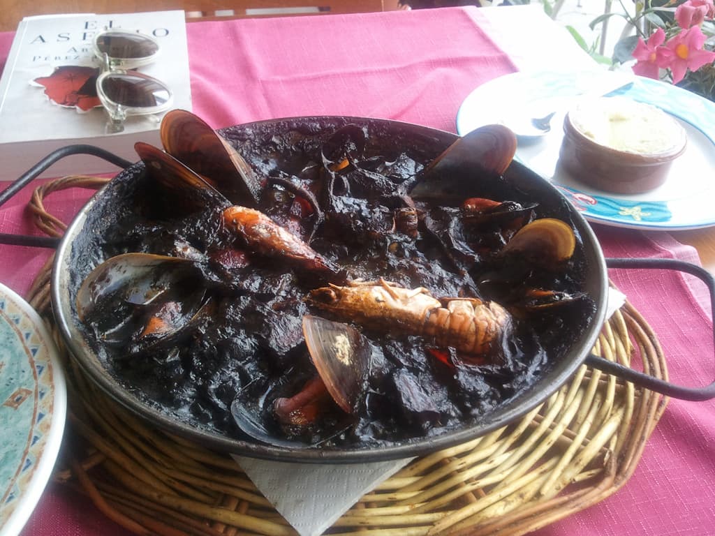 <p>Or Arroz Negro in Castillian, my favourite I've decided. &nbsp;With a small bowl of alioli and a glass of red wine this has to be the nicest thing to have for lunch. &nbsp;Actually, I pushed the tourist boat out and had a glass of sangria as a kind of aperitif.</p><p>Oh, and spot my new book under my sunglasses.</p><p>This was my penultimate day, tomorrow, at 1.00pm I would have to catch the European Bike Express bus back to blighty, 30 hours of coach travel. &nbsp;So, and I have no photos, I ordered a paella valenciana for the most un-spanish hour of 12.00pm. &nbsp;Which would give me time to eat, cycle the short distance to the bus stop and get the bus back home.</p><p>A wonderful trip. &nbsp;It's funny, I spent a couple of weeks pedalling wanting to get to Spain and now I was regretting there was no more pedalling to be done; at least until next year.</p>