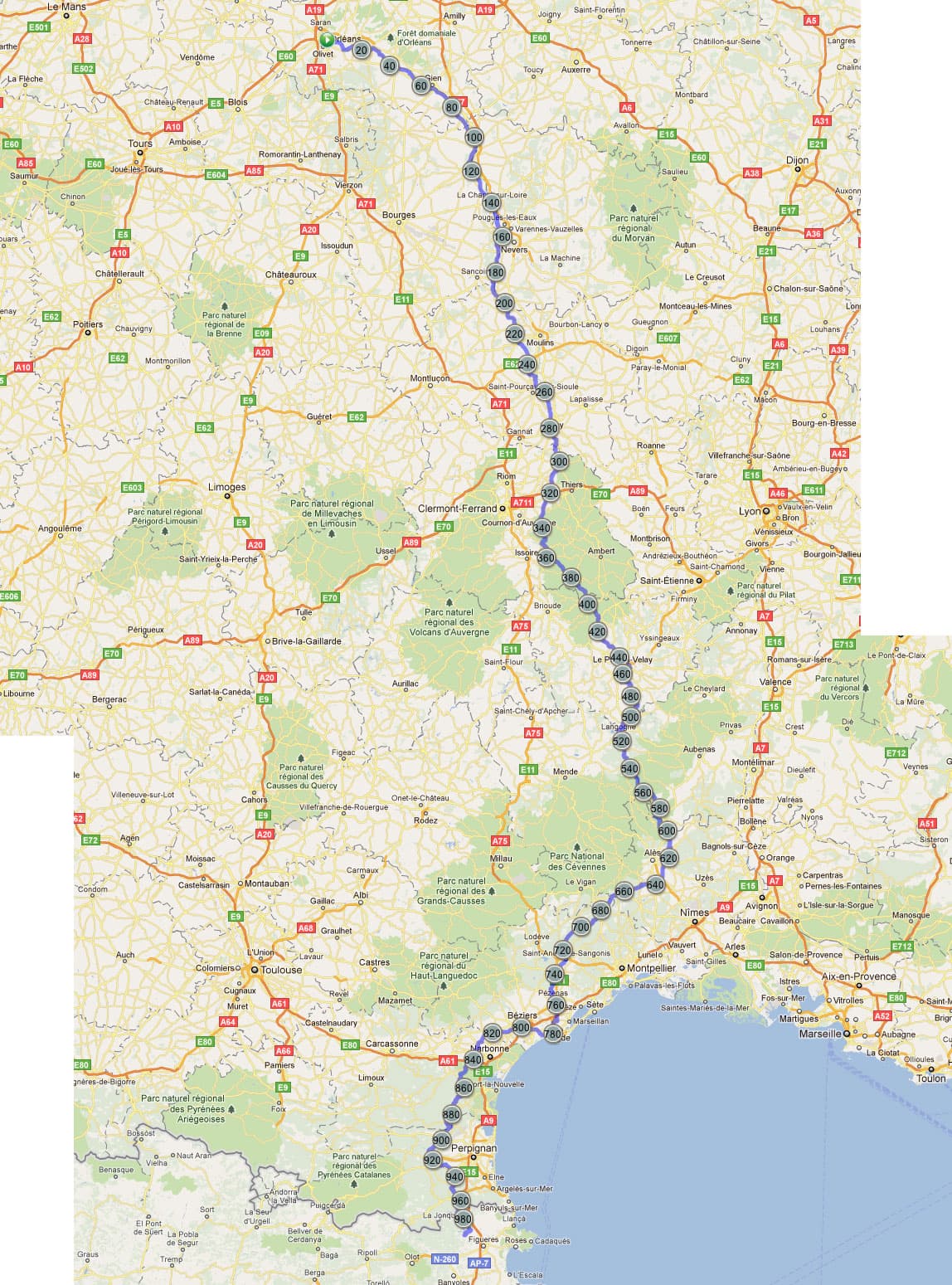 <p>This is the route I took: click on the photo to see a more detailed view or you can go to <a href="http://tinyurl.com/francehols2011">MapMyRide route</a> to see it in zoomable detail and download the gpx file.</p><p>I changed the route slightly, from All&egrave;gre to Langogne, in order to catch up the distance because of a day 'lost' because of heavy rain. &nbsp;It was a funny July, apparently the wettest on record in France. &nbsp;The rain on the day I'd planned to leave All&egrave;gre was so heavy it would have been ridiculous to try and take the tent down so I stayed an extra day. &nbsp;I'll publish the changed route in detail when I get to that page. &nbsp;I'll also add the extra part, which doesn't feature here, of the route I took in Spain.</p><p>Originally I'd planned to simply do the same route that I'd done two years ago, Beaune to Barcelona, I'd enjoyed it so much. &nbsp;However, there was a recumbent bike festival in All&egrave;gre, just north of Le Puy, starting on the 16th July, and I really fancied going to that for a few day's. &nbsp;To tie in with those dates I chose an Atlantic route out with European Bike Express which ended up meaning I started in Orl&egrave;ans and linked up with the route I'd already done after All&egrave;gre.</p>