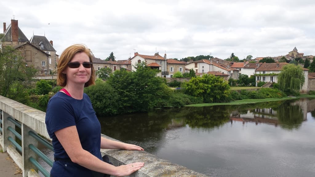<p>A very happy Pippa on the bridge as we walk from the campsite into town.&nbsp; A journey we'd make quite a few times over the next few day's.&nbsp; Various views of this river have become my rolling screensaver on my computers.</p><p><a href="https://www.google.co/maps/place/86460+Availles-Limouzine,+France/@46.1313576,0.616363,13z/data=!3m1!4b1!4m5!3m4!1s0x47fe80ccc4223f53:0x405d39260e7ab10!8m2!3d46.120556!4d0.657986" target="_blank">Link to google map of Availles-Limouzine</a></p>