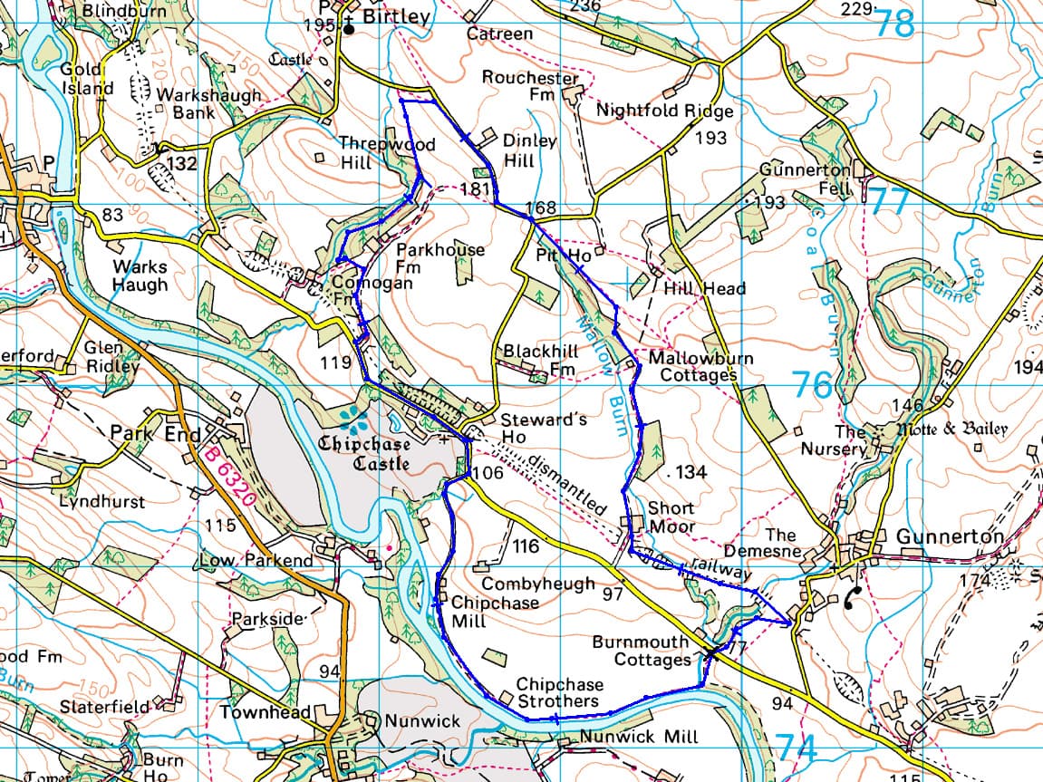 We started at Burnmouth cottages, followed the river upstream then cut up towards Birtley via Chipchase.  There's a pub in Birtley which would be great place for lunch if only it was open at lunch times.<p>Actually I've since found out that the pub isn't even in Birtley it's on the main road that goes north, north of Birtley.  It's only open on Sunday's in fact - and does one of the best all-you-can-eat Sunday lunches you'll find in these parts.