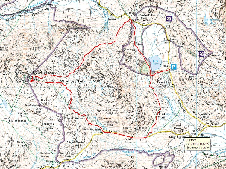 This was the walk we did the second day.  Parking near Blea Tarn then going up Pike o' Blisco and coming back down towards Wrynose Pass and back and around.  We needn't have worried about the weather - it was a fabulous day; I was in shorts and a tee-shirt and even Pips got down to only 3 thermal layers after a while.