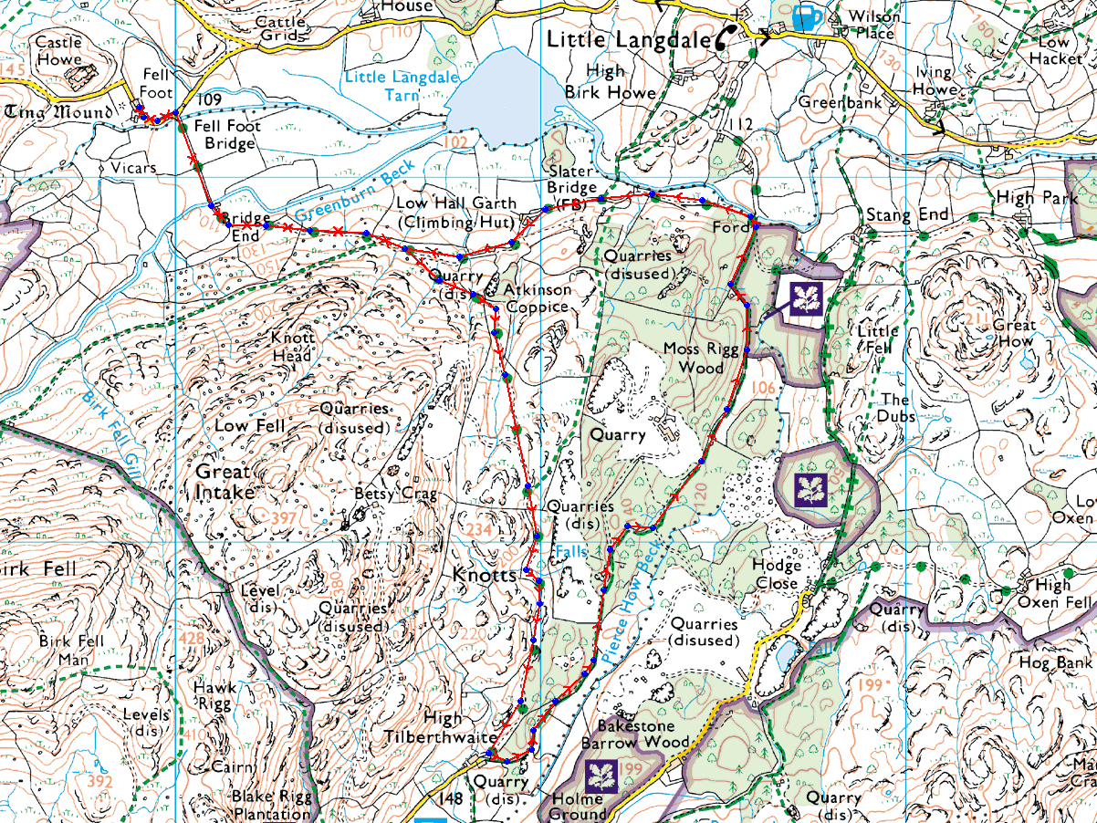 It had been a slow drive over, via Alston, which was a mistake.  It's normally a slow road but was even more so in the poor visibility caused by the rain and the journey took us 3 and a half hours.<p>I think both of us had thought, as we went through Ambleside, that a day browsing the shops might have been a better idea that the walking we had planned.<p>We eventually, after stopping in the Britannia in Elterwater and the Three Shires in Little Langdale, got underway.