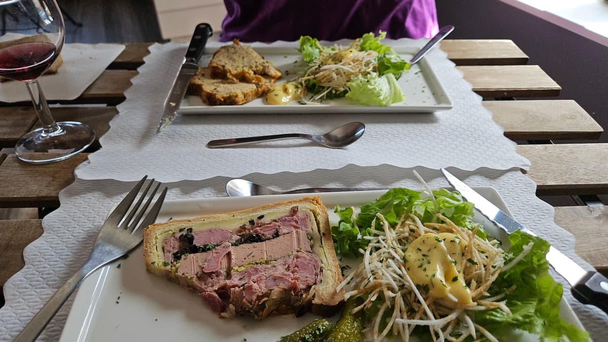 The far dish is Pippa's very good soufflé which, like my terrine, was accompanied by a lovely homemade mayonaise and a salad comprising julienne of celeriac with lettuce